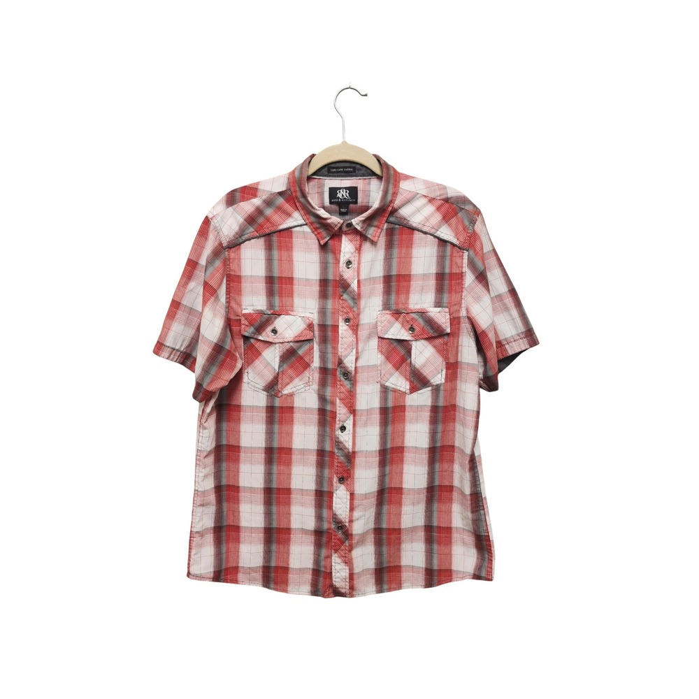 Rock & Republic Mens Red White Plaid Short Sleeve Button Down Shirt Large L